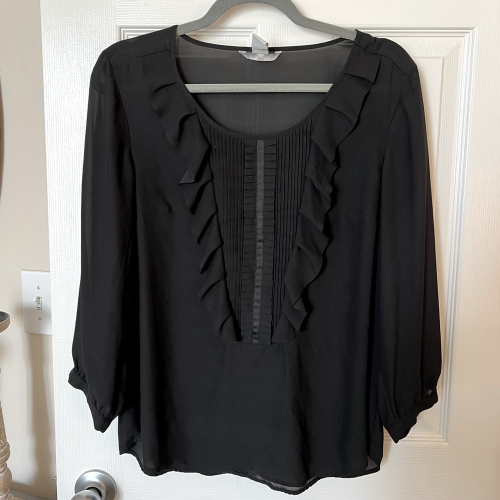 H&M Black Round Neck Ruffled Blouse - Size 12
